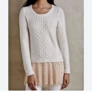 Anthropologie Knitted & Knotted Ivory Tunic Sweater Alpaca Blend Jeweled Tulle